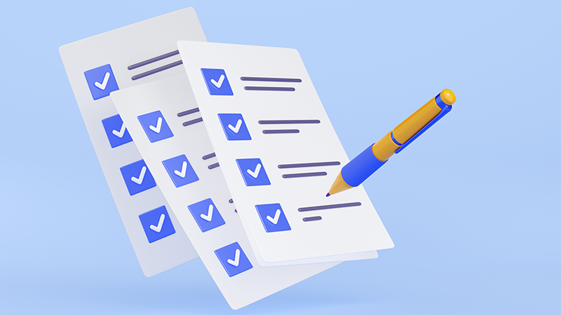 3D illustration of pen putting blue ticks on paper