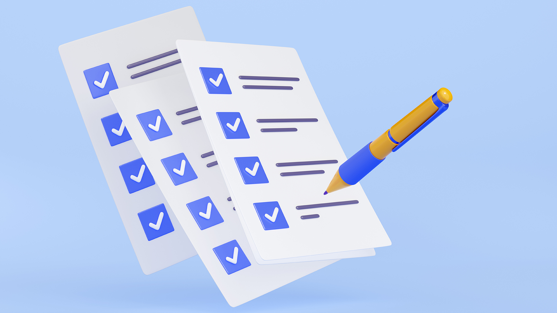 3D illustration of pen putting blue ticks on paper